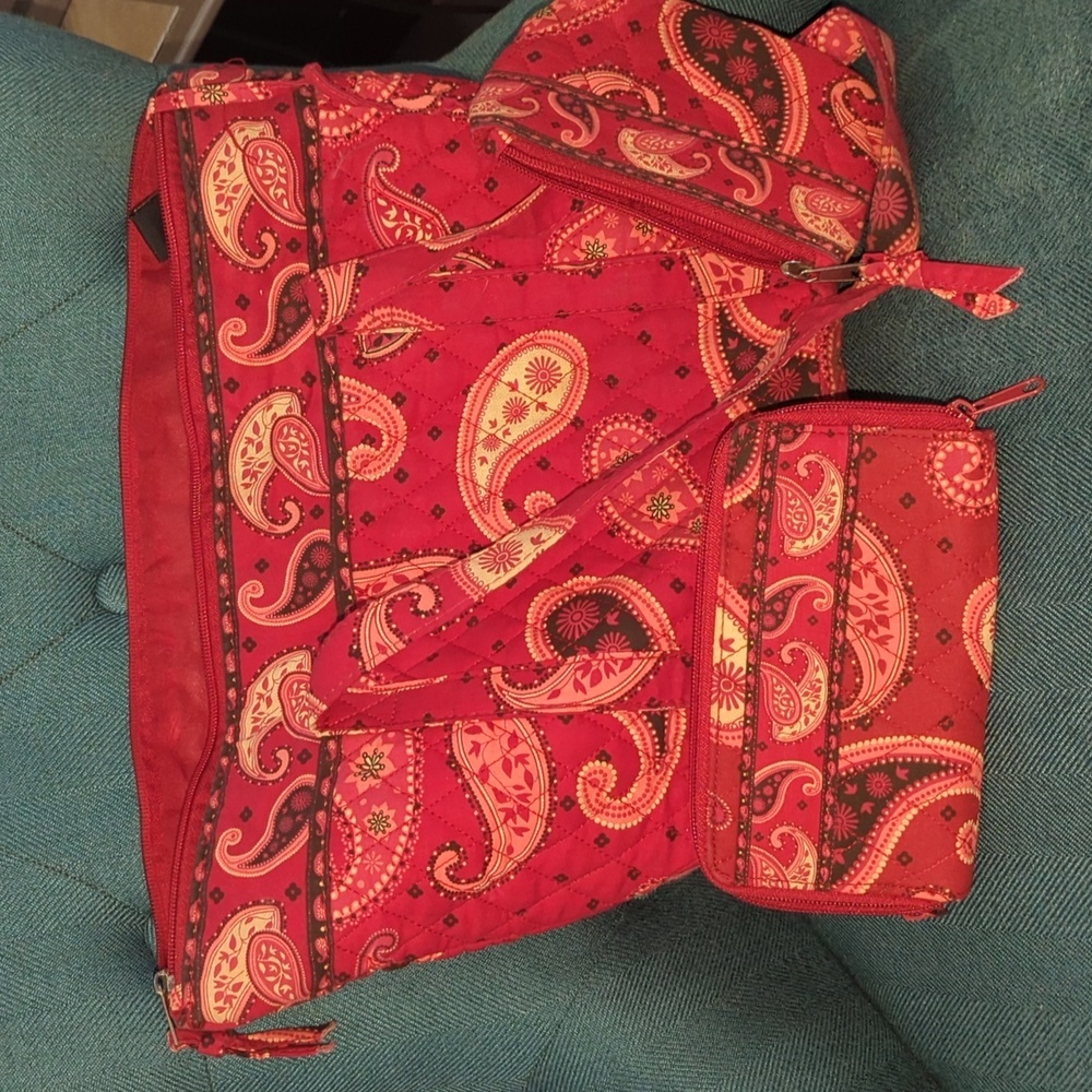 Paisley print tote with wallet and attachable pouch